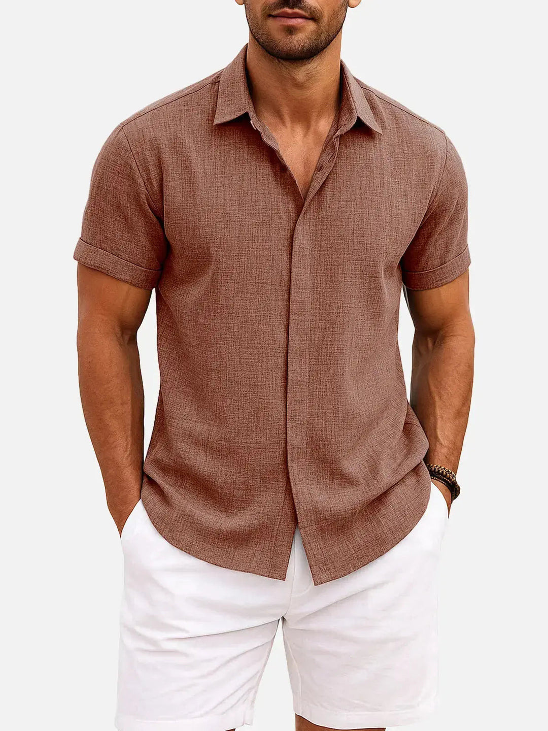 Men's Button-Up Shirt with Short-Sleeve and Cuffed Sleeves