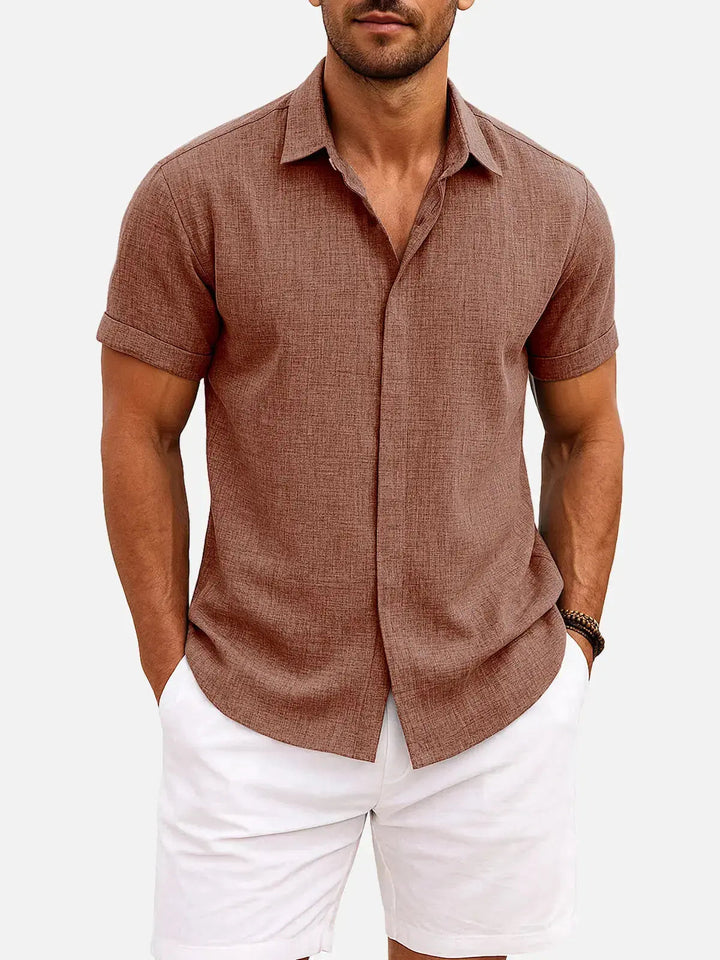 Men's Button-Up Shirt with Short-Sleeve and Cuffed Sleeves