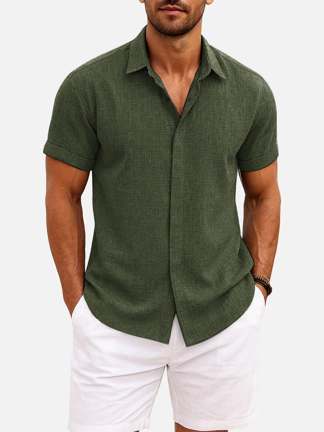 Men's Button-Up Shirt with Short-Sleeve and Cuffed Sleeves