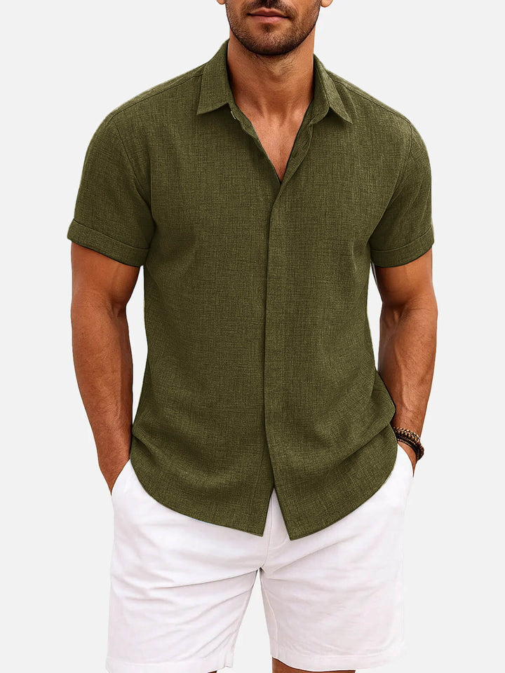 Men's Button-Up Shirt with Short-Sleeve and Cuffed Sleeves