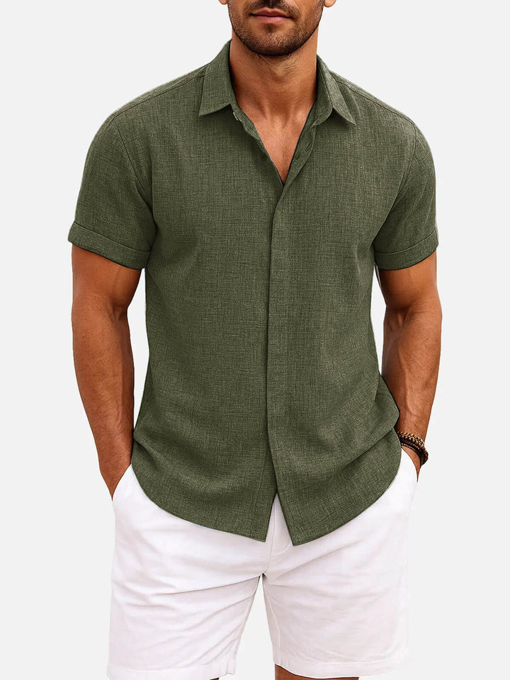 Men's Button-Up Shirt with Short-Sleeve and Cuffed Sleeves
