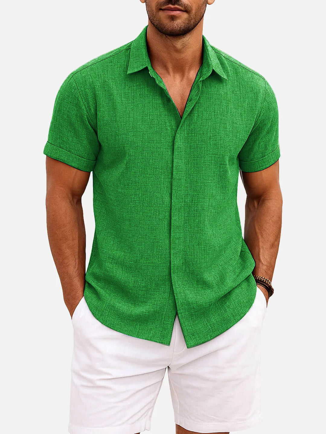 Men's Button-Up Shirt with Short-Sleeve and Cuffed Sleeves