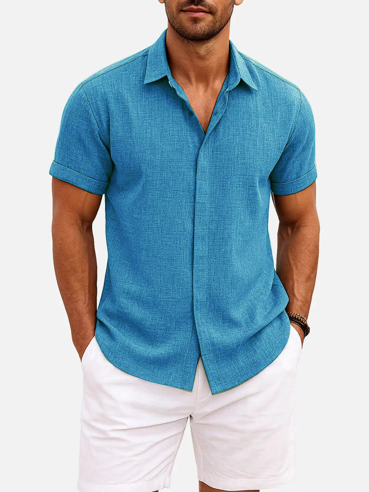Men's Button-Up Shirt with Short-Sleeve and Cuffed Sleeves