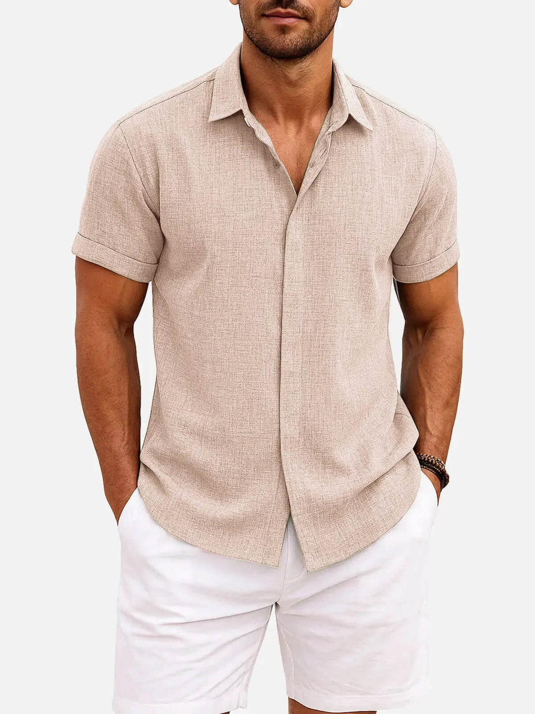 Men's Button-Up Shirt with Short-Sleeve and Cuffed Sleeves