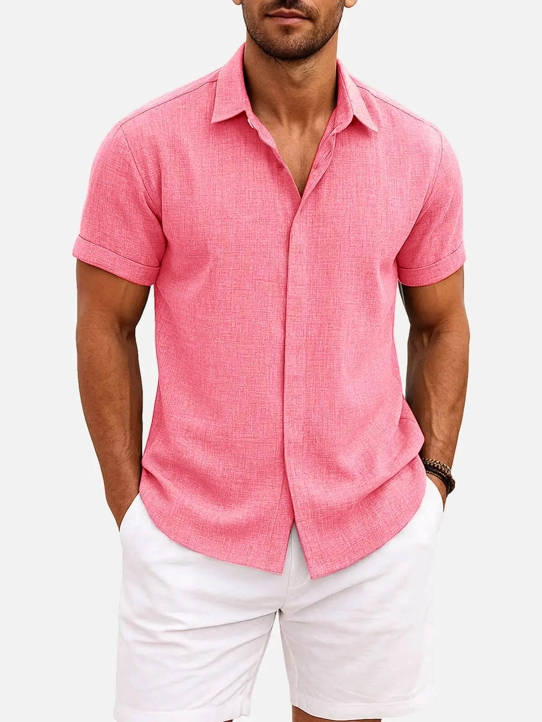 Men's Button-Up Shirt with Short-Sleeve and Cuffed Sleeves
