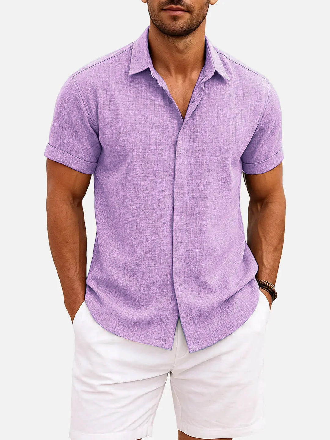 Men's Button-Up Shirt with Short-Sleeve and Cuffed Sleeves