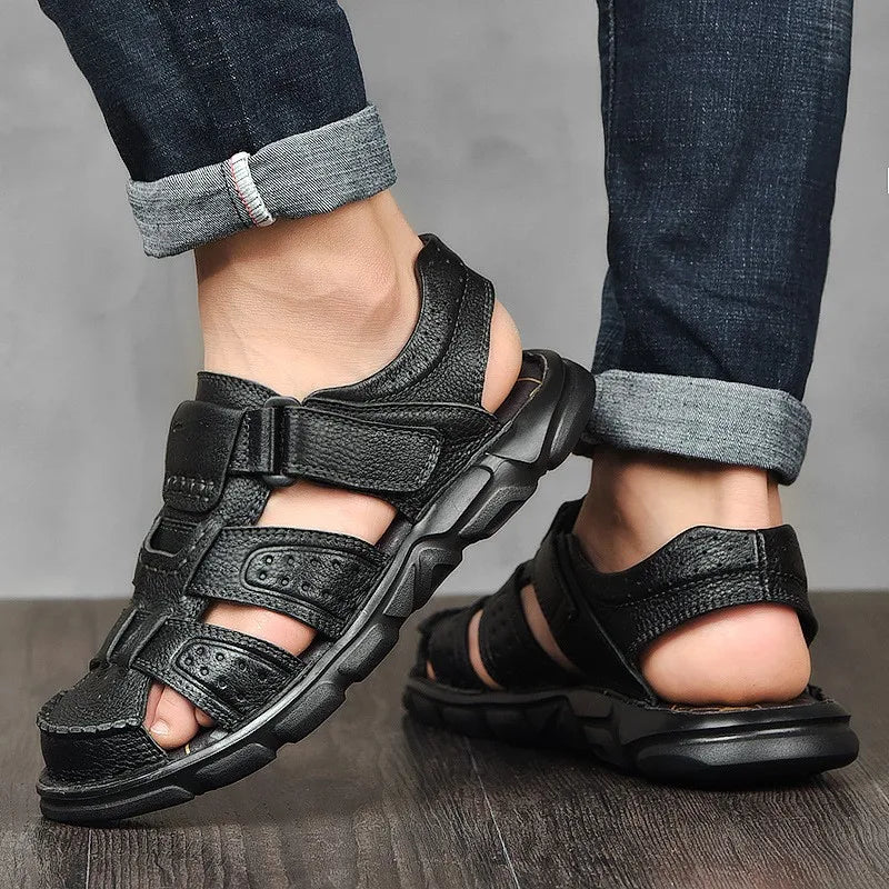 Men's Fisherman Style Sandals with Overlapping Bands and Thick Sole