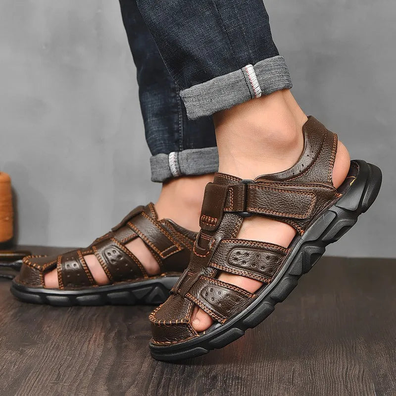 Men's Fisherman Style Sandals with Overlapping Bands and Thick Sole
