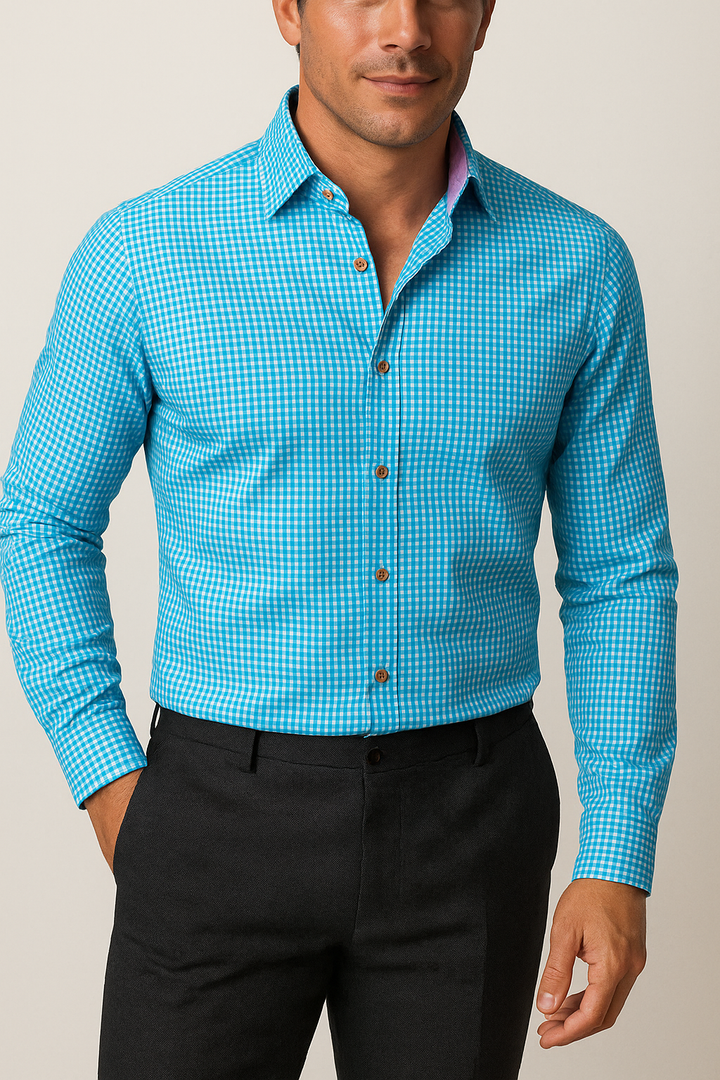 Men's Plaid Shirt with Long Sleeves and Button-Down Collar