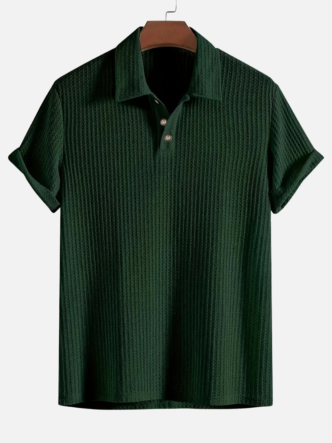 Men's Short Sleeve Polo Shirt with Textured Vertical Stripes and Button Placket