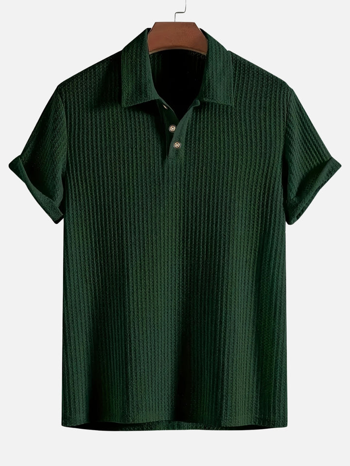 Men's Short Sleeve Polo Shirt with Textured Vertical Stripes and Button Placket