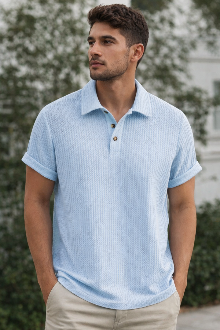 Men's Short Sleeve Polo Shirt with Textured Vertical Stripes and Button Placket