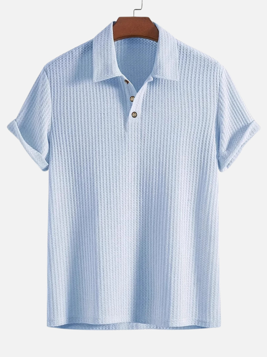 Men's Short Sleeve Polo Shirt with Textured Vertical Stripes and Button Placket