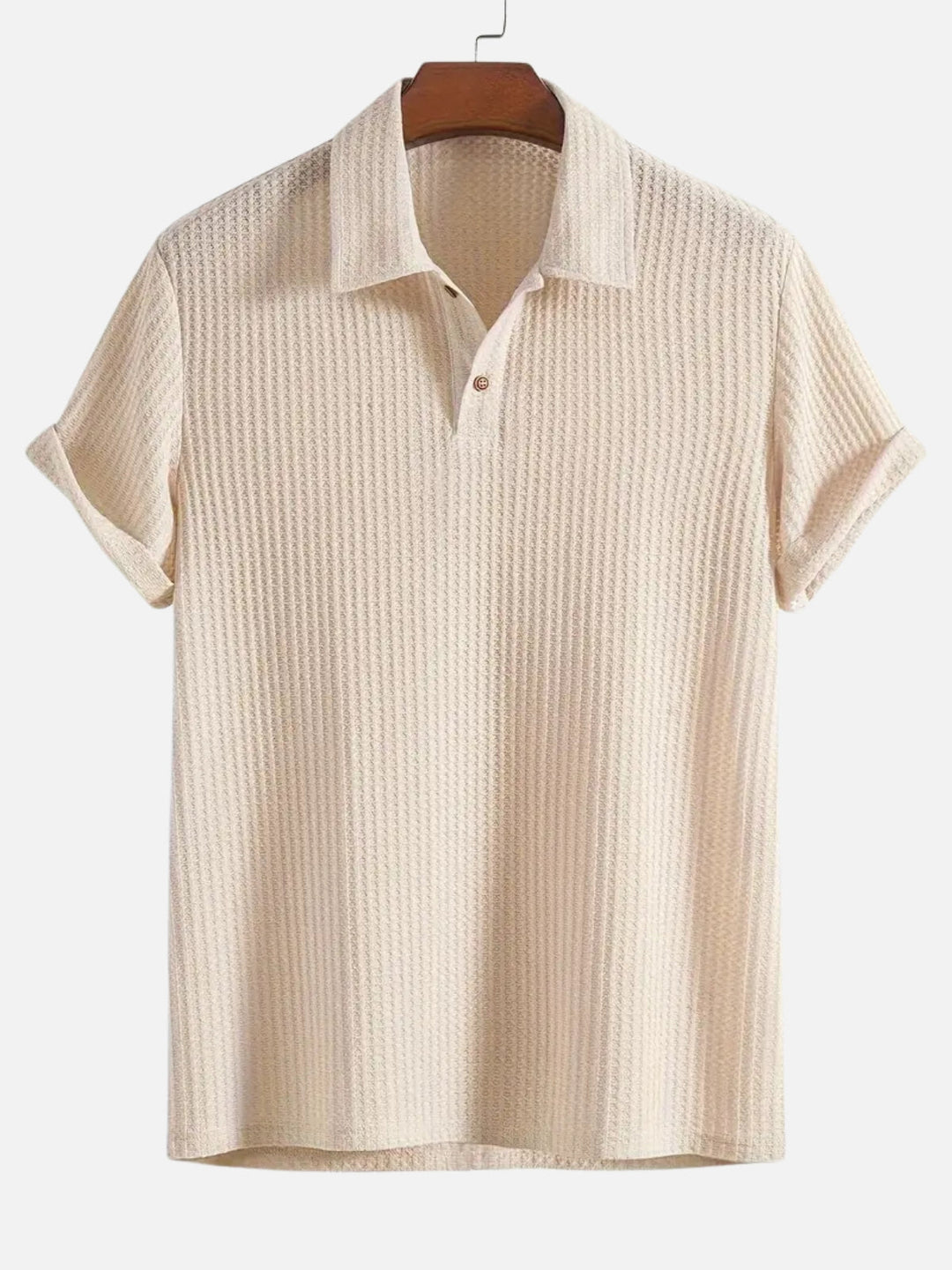 Men's Short Sleeve Polo Shirt with Textured Vertical Stripes and Button Placket