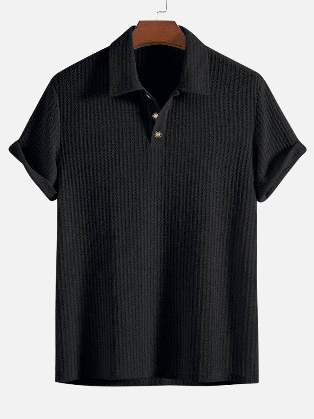 Men's Short Sleeve Polo Shirt with Textured Vertical Stripes and Button Placket