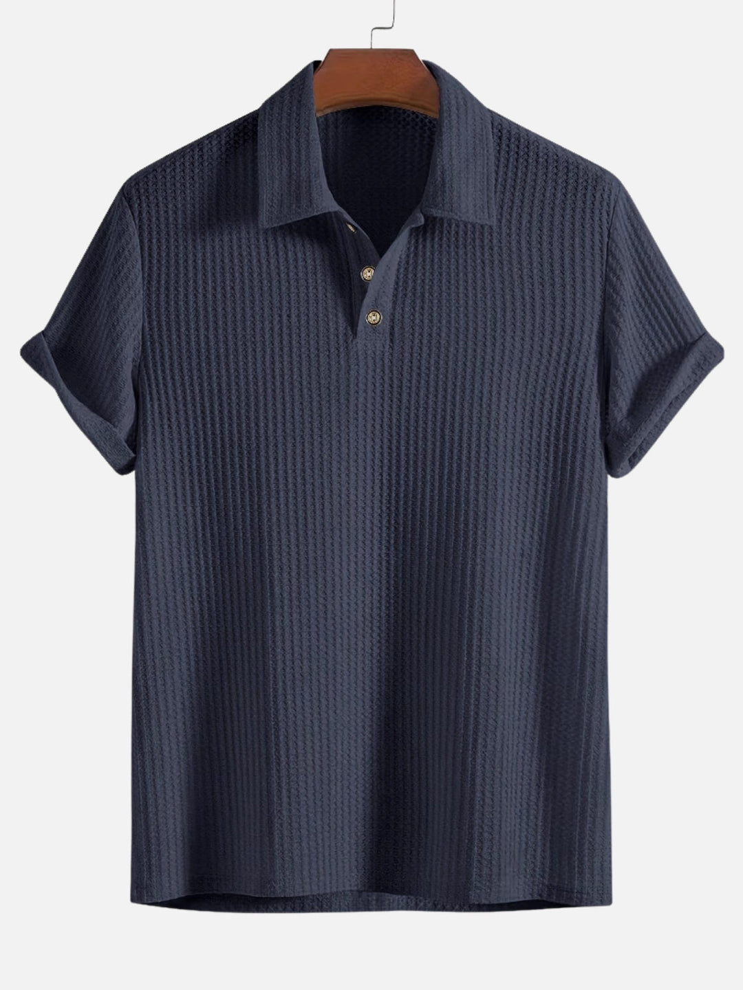 Men's Short Sleeve Polo Shirt with Textured Vertical Stripes and Button Placket