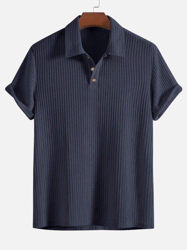 Men's Short Sleeve Polo Shirt with Textured Vertical Stripes and Button Placket