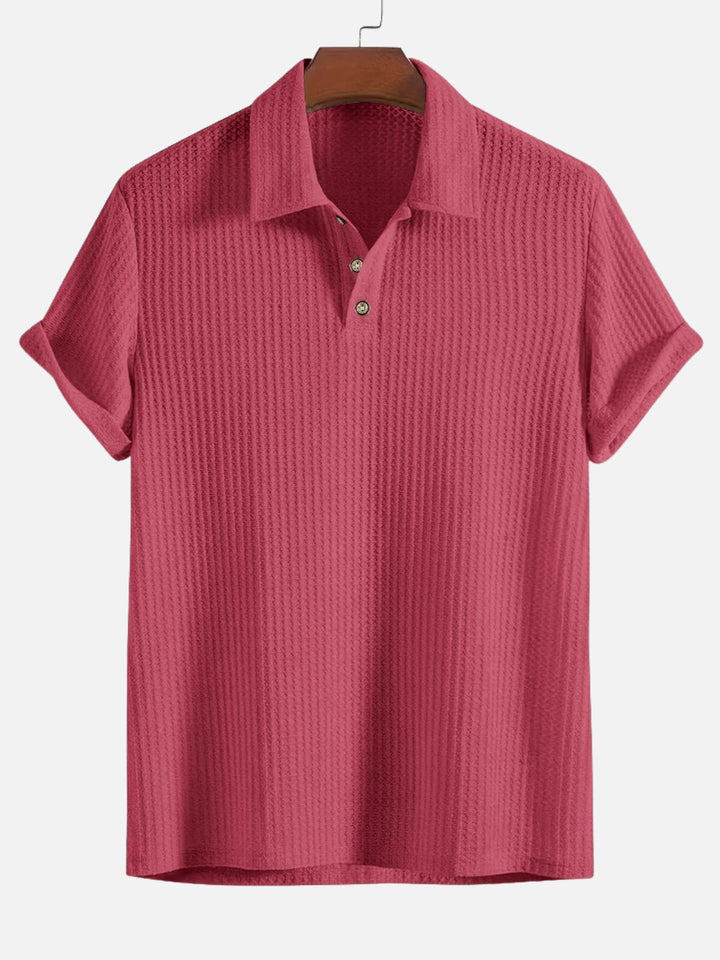 Men's Short Sleeve Polo Shirt with Textured Vertical Stripes and Button Placket