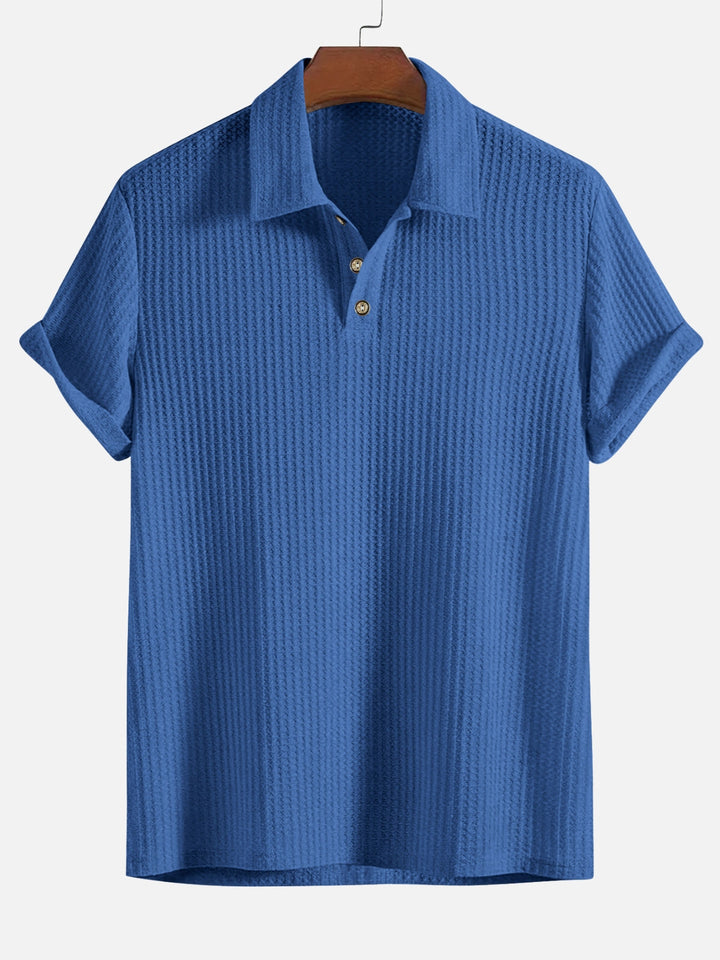Men's Short Sleeve Polo Shirt with Textured Vertical Stripes and Button Placket