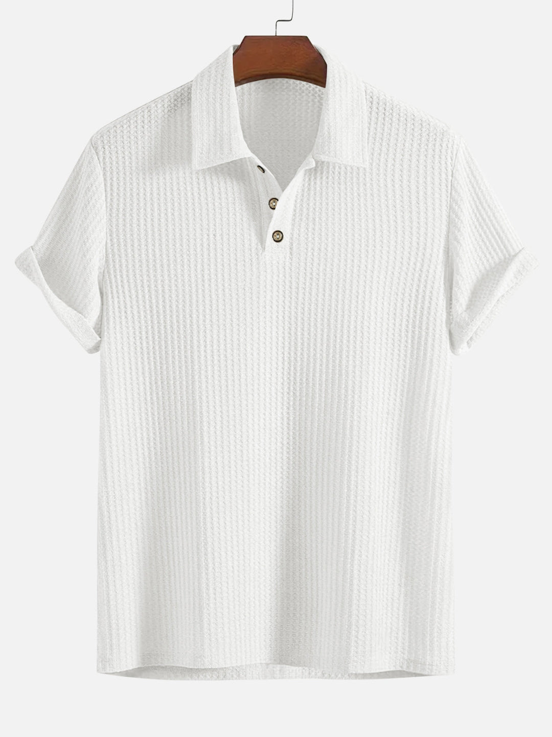 Men's Short Sleeve Polo Shirt with Textured Vertical Stripes and Button Placket