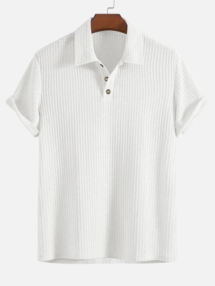 Men's Short Sleeve Polo Shirt with Textured Vertical Stripes and Button Placket