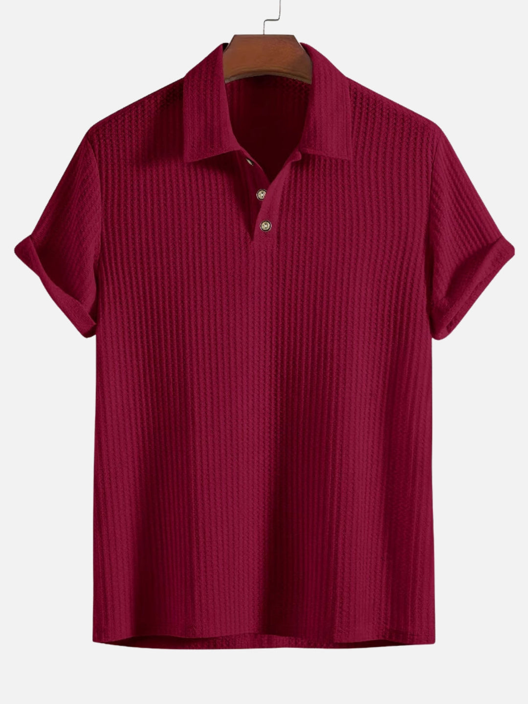 Men's Short Sleeve Polo Shirt with Textured Vertical Stripes and Button Placket