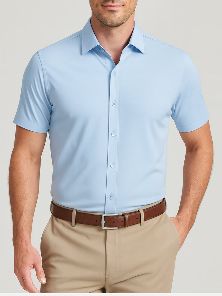Men's Short Sleeve Shirt with Pointed Collar and Button Front