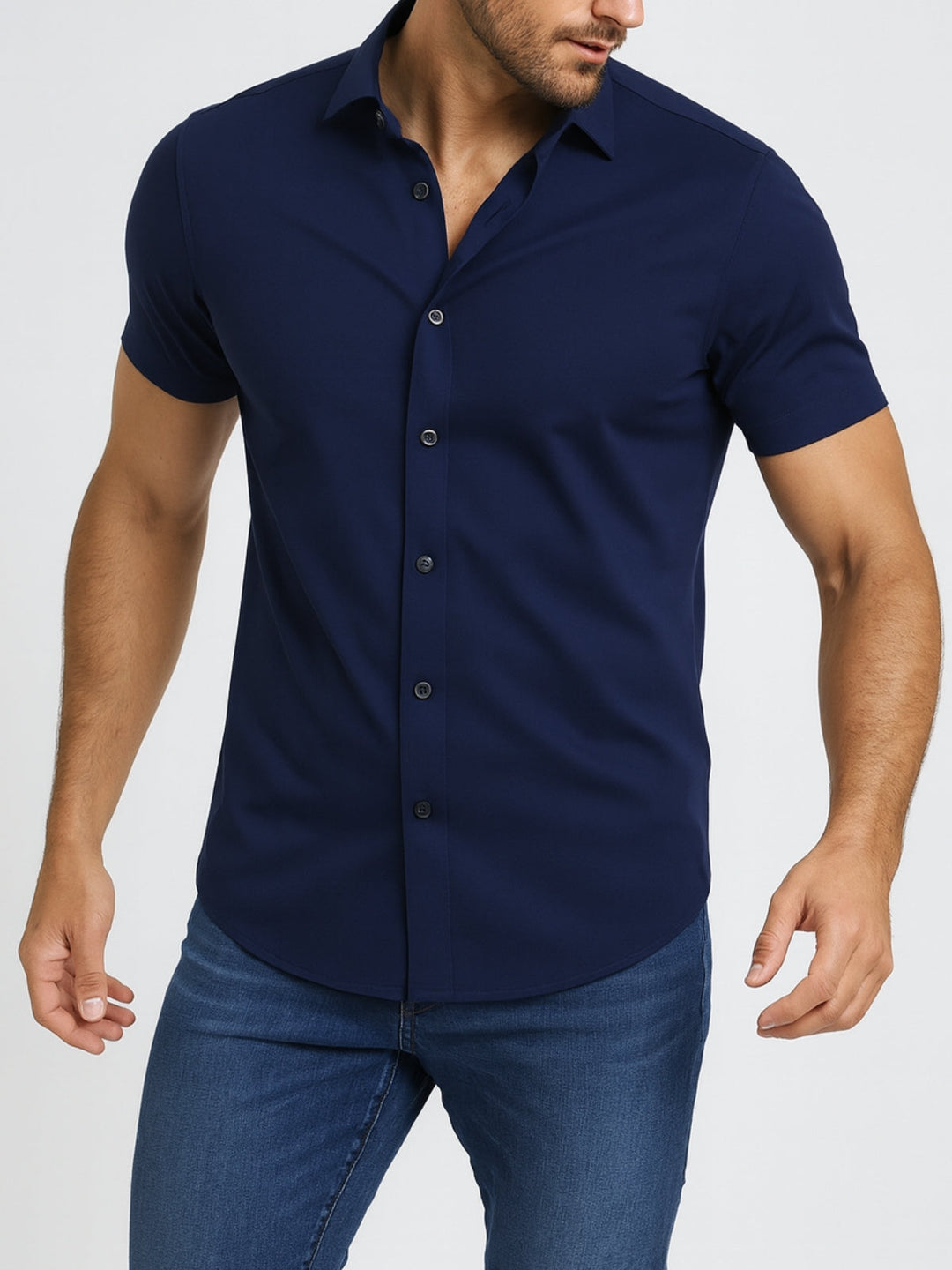 Men's Short Sleeve Shirt with Pointed Collar and Button Front