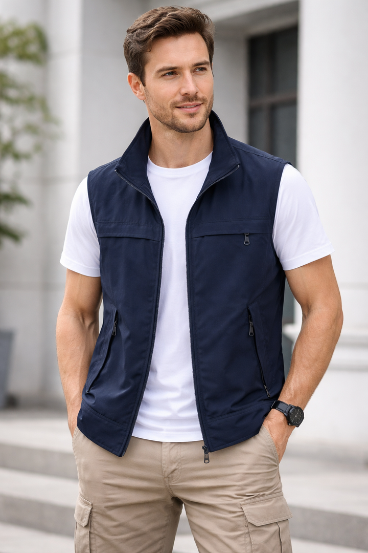 Men’s Sleeveless Zip-Front Vest with Stand Collar and Multiple Pockets