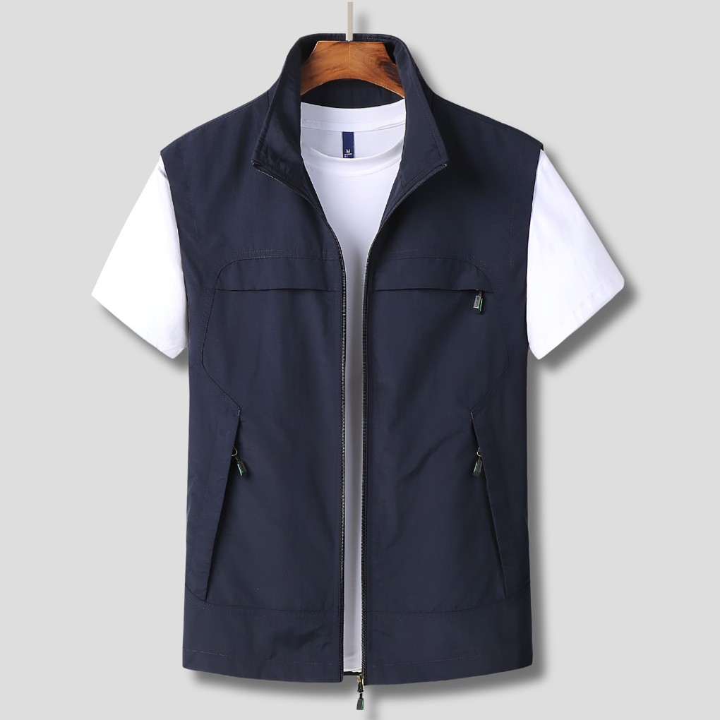 Men’s Sleeveless Zip-Front Vest with Stand Collar and Multiple Pockets