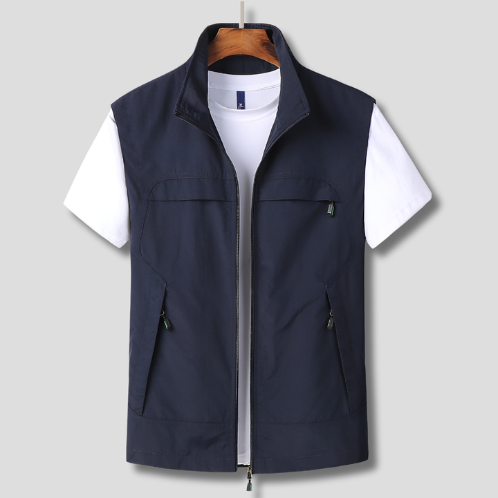 Men’s Sleeveless Zip-Front Vest with Stand Collar and Multiple Pockets