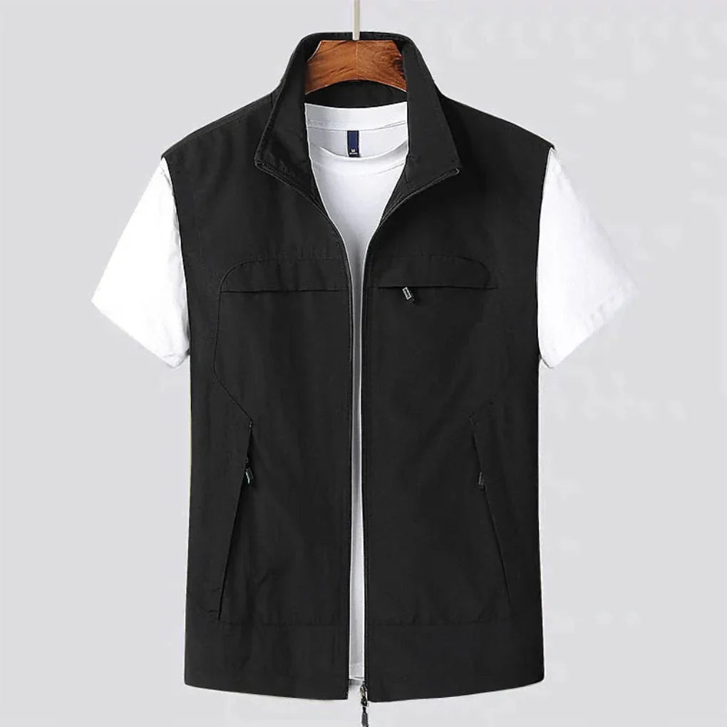 Men’s Sleeveless Zip-Front Vest with Stand Collar and Multiple Pockets
