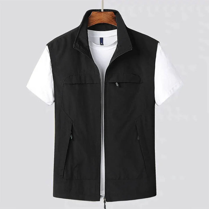 Men’s Sleeveless Zip-Front Vest with Stand Collar and Multiple Pockets