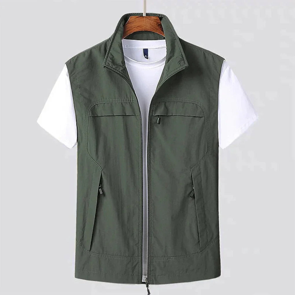 Men’s Sleeveless Zip-Front Vest with Stand Collar and Multiple Pockets