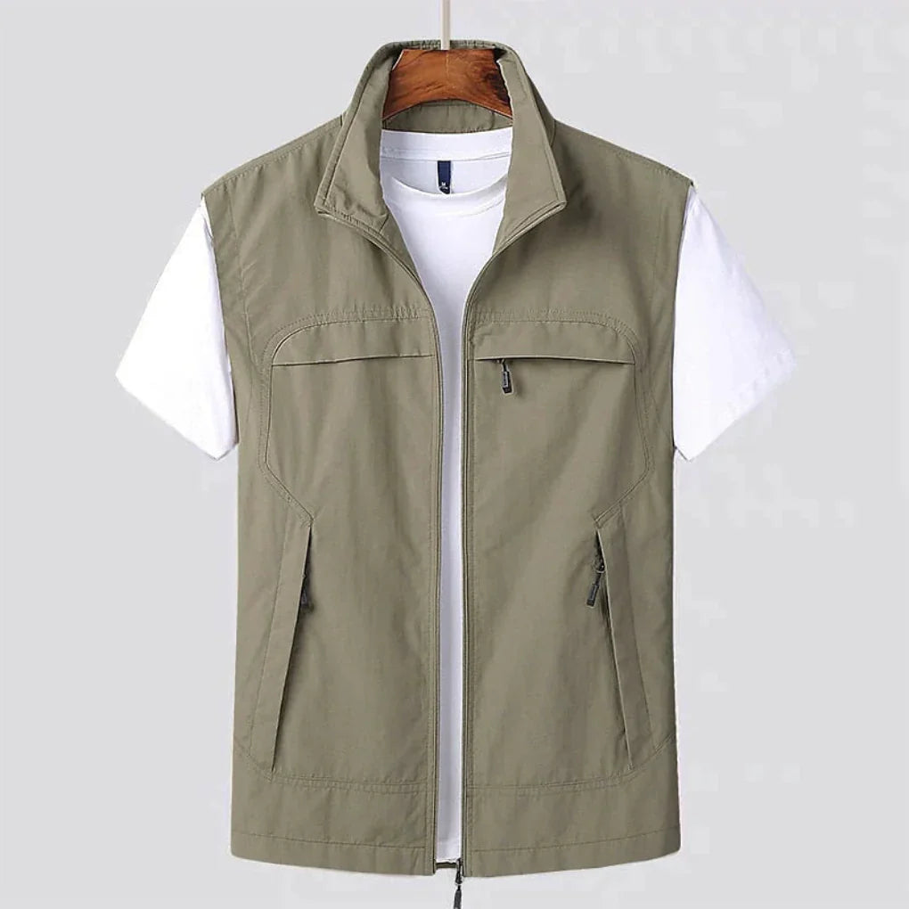 Men’s Sleeveless Zip-Front Vest with Stand Collar and Multiple Pockets