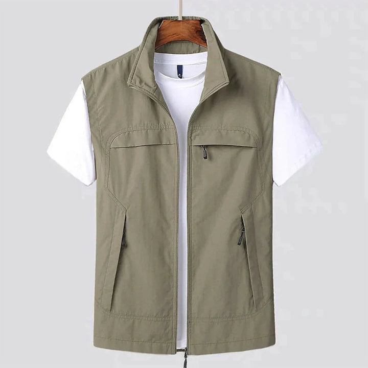 Men’s Sleeveless Zip-Front Vest with Stand Collar and Multiple Pockets