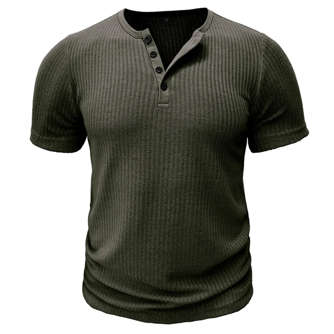 Men’s T-Shirt with Button Placket Ribbed Texture and Short Sleeves