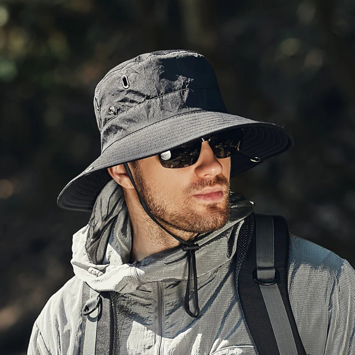Men's Wide-Brim Hat with Adjustable Chin Strap and Ventilation Eyelets