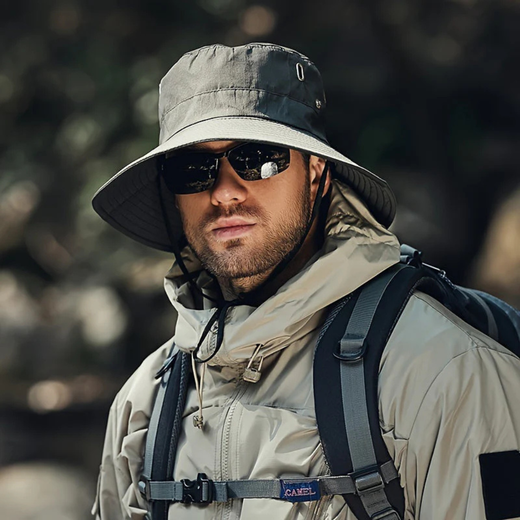 Men's Wide-Brim Hat with Adjustable Chin Strap and Ventilation Eyelets
