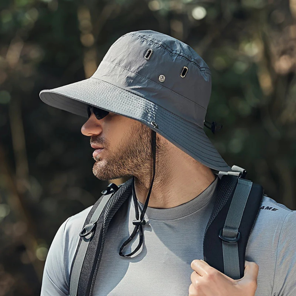 Men's Wide-Brim Hat with Adjustable Chin Strap and Ventilation Eyelets