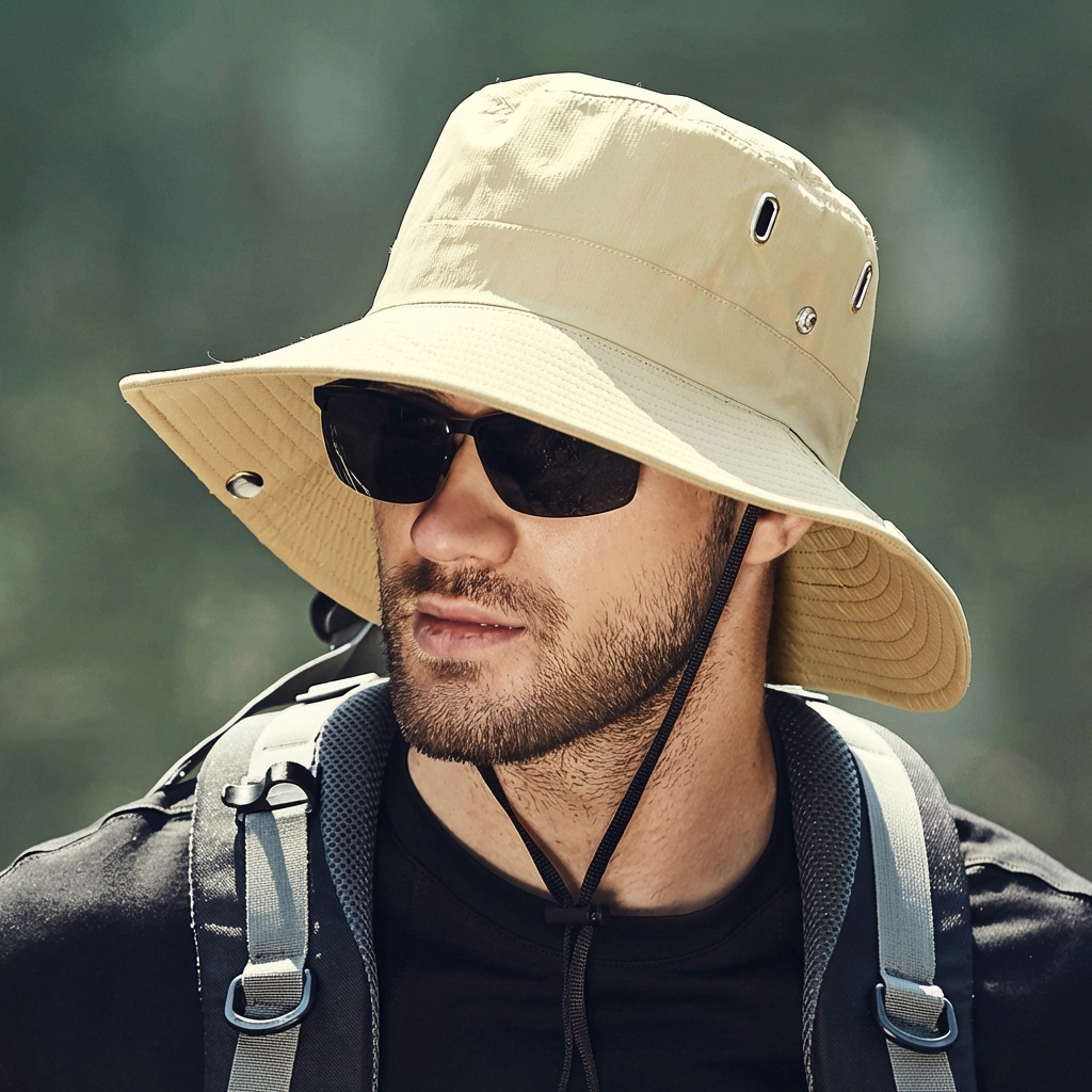 Men's Wide-Brim Hat with Adjustable Chin Strap and Ventilation Eyelets