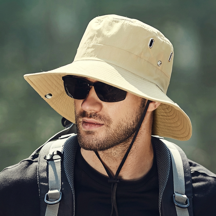 Men's Wide-Brim Hat with Adjustable Chin Strap and Ventilation Eyelets