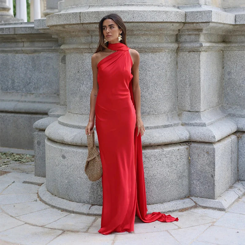 Women's Wedding Guest Dress with Scarf Neck and Maxi Length