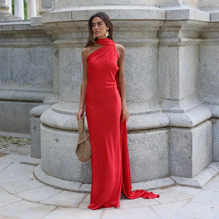 Women's Wedding Guest Dress with Scarf Neck and Maxi Length