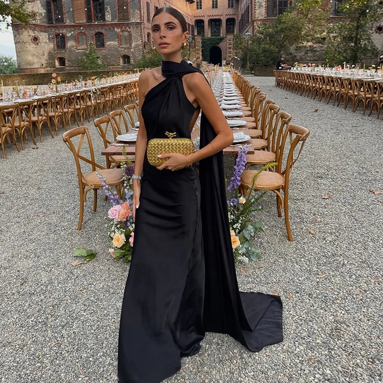 Women's Wedding Guest Dress with Scarf Neck and Maxi Length