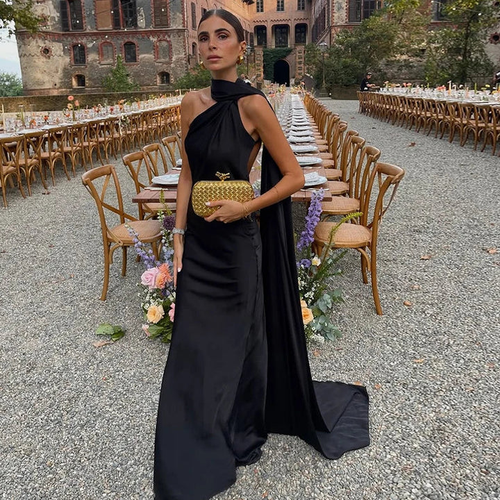 Women's Wedding Guest Dress with Scarf Neck and Maxi Length
