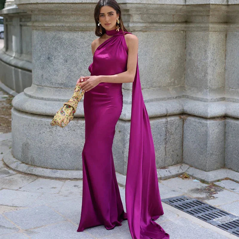 Women's Wedding Guest Dress with Scarf Neck and Maxi Length