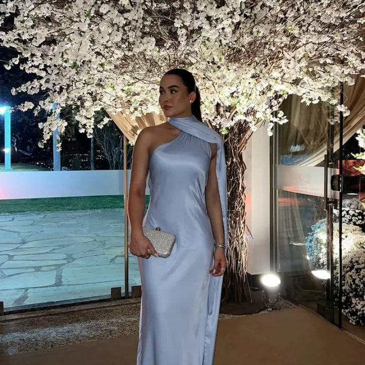 Women's Wedding Guest Dress with Scarf Neck and Maxi Length