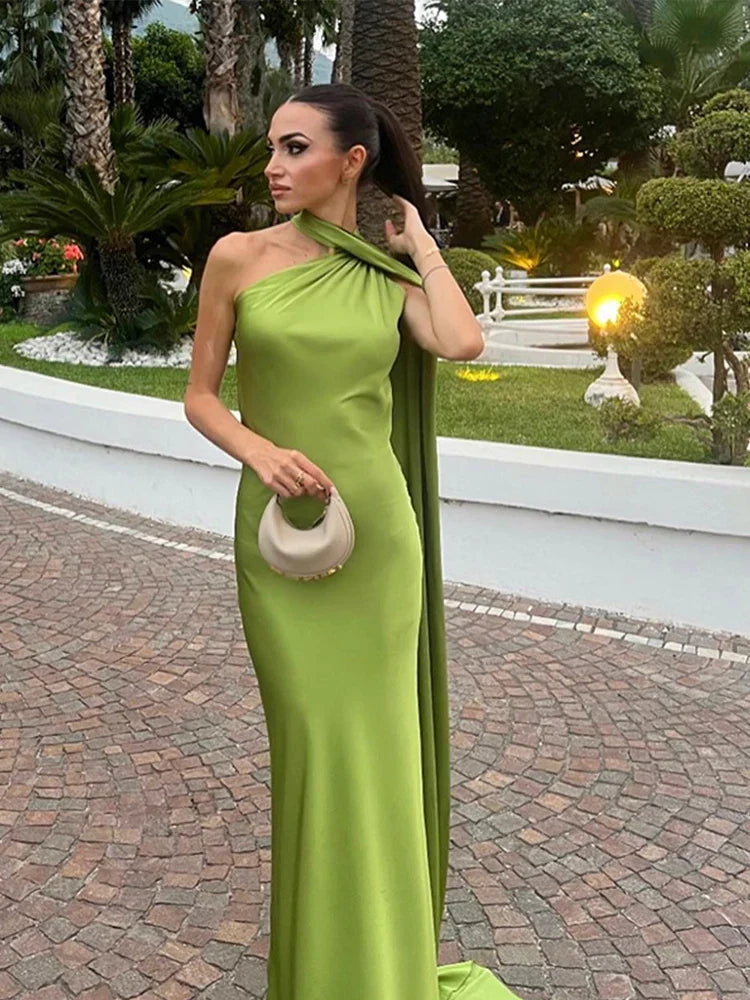 Women's Wedding Guest Dress with Scarf Neck and Maxi Length