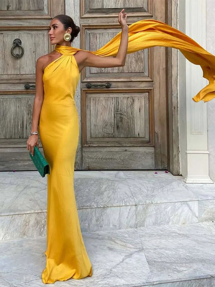 Women's Wedding Guest Dress with Scarf Neck and Maxi Length